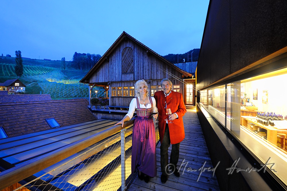 Nora and Christian Trierenberg on the terrace of their wine estate