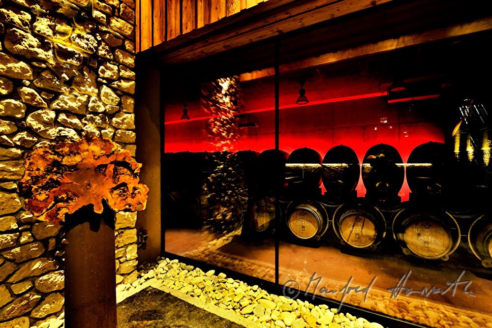 view from outside into the wine cellar with wooden barrels